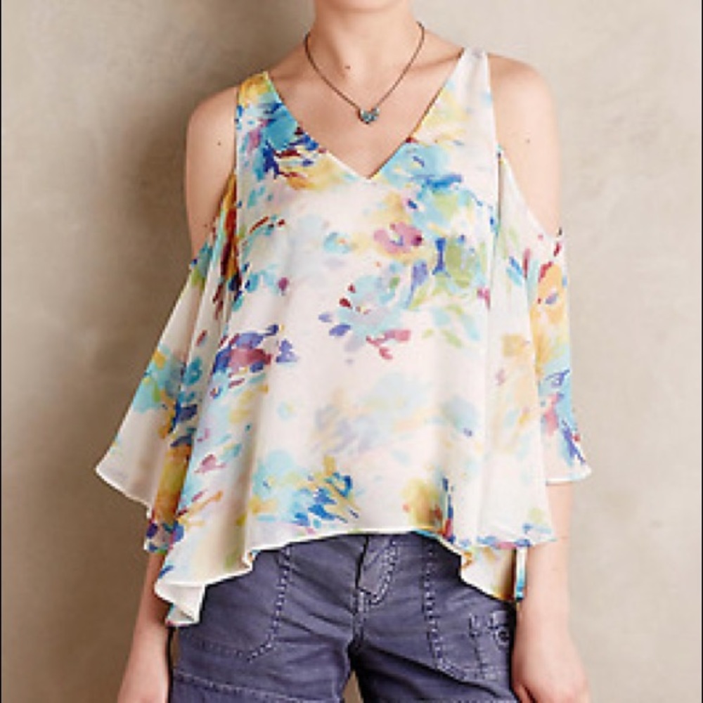 Anthropologie Cold Shoulder Watercolor Silk Top